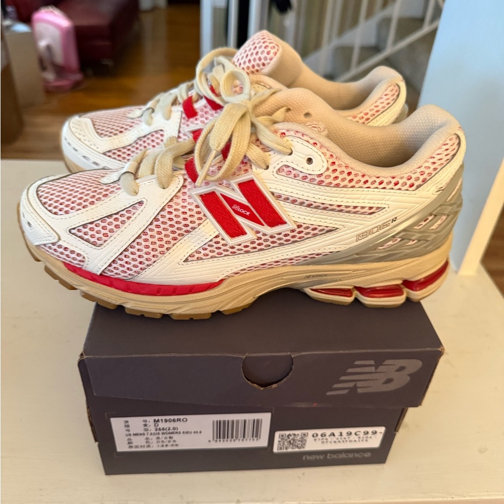 New Balance White and Red Athletic Shoes